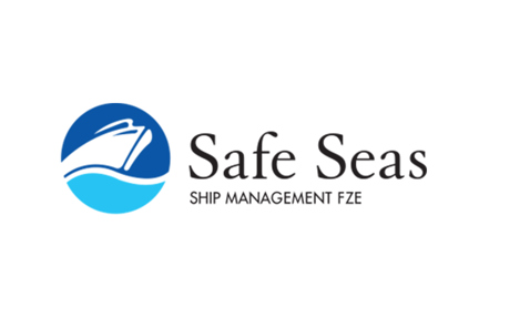 Safe Seas Ship Management FZE标志,带有风格化的船舶和波浪图标。