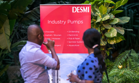 People observe DESMI industry pumps banner at an outdoor event.