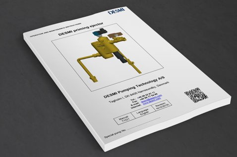 DESMI priming ejector manual cover with contact details and QR code.