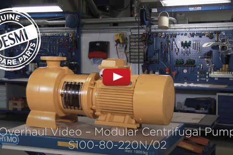 DESMI modular centrifugal pump S100-80-220N/02 on a workbench in a workshop.