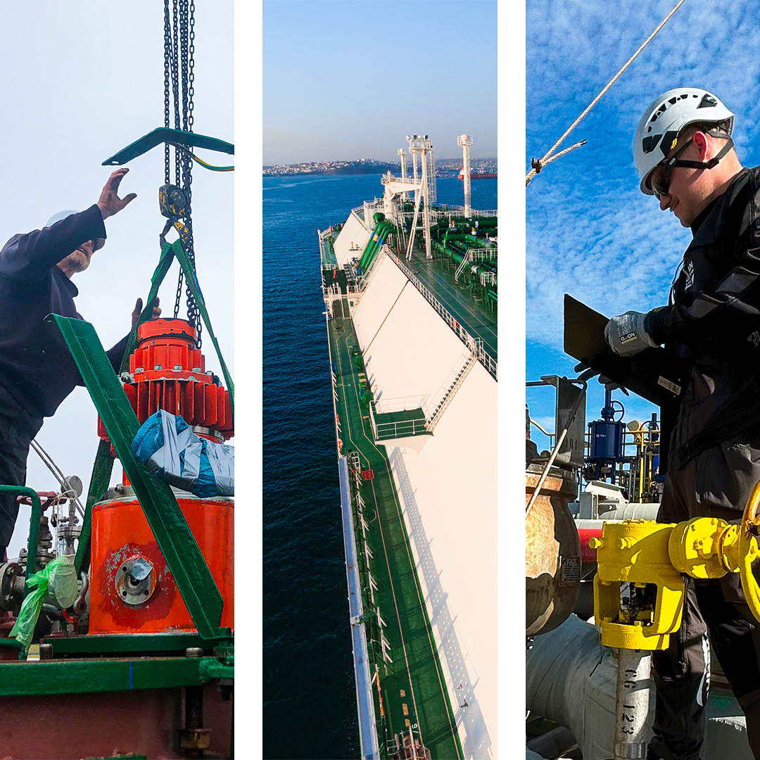 Arbetare hanterar utrustning och operationer på ett stort industriellt fartyg till havs.