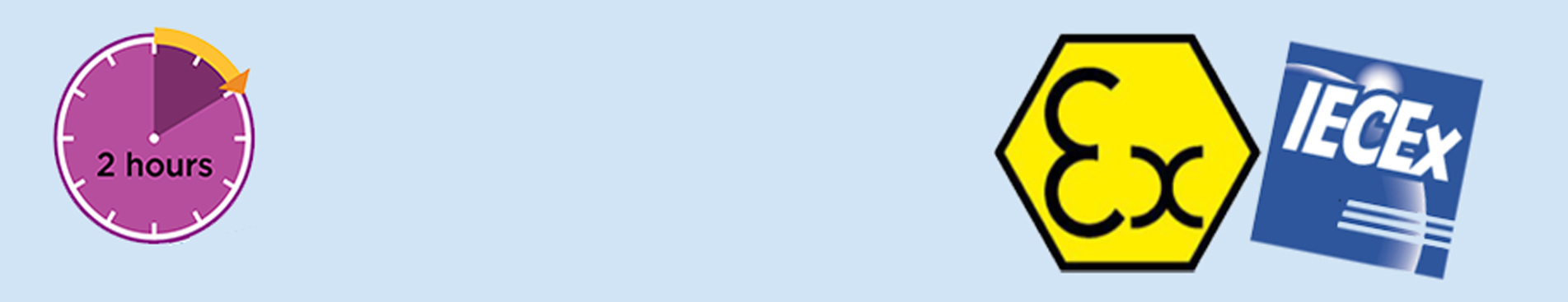 Clock indicating 2 hours next to Ex and IECEx certification logos.