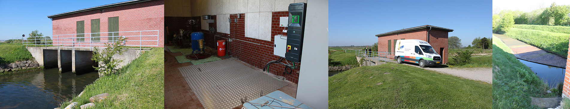 Brick pump station near a canal, featuring DESMI van and equipment inside.