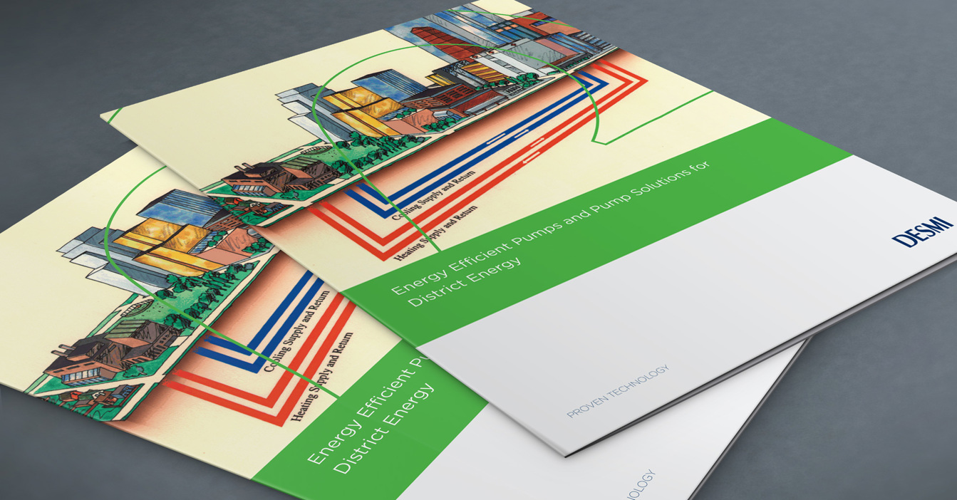 DESMI brochures on energy-efficient pumps for district energy, featuring cityscape illustration.