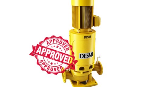 黄色的DESMI泵,上面覆盖着一个红色的“Approved”印章。