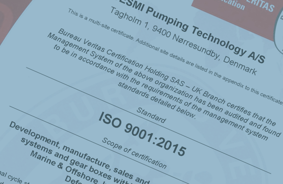 Technologia pompowania DESMI, certyfikacja ISO 9001:2015 od Bureau Veritas, lokalizacja: Dania.