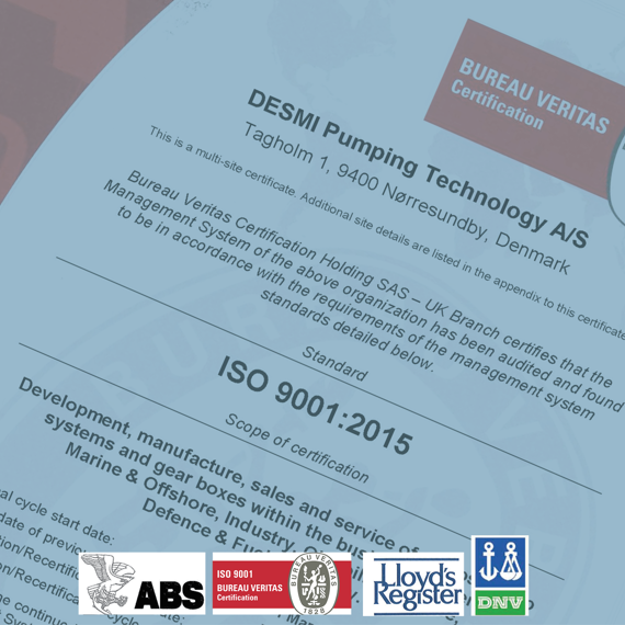 DESMI Pumping Technology ISO 9001:2015-certifiering från Bureau Veritas, Danmark.