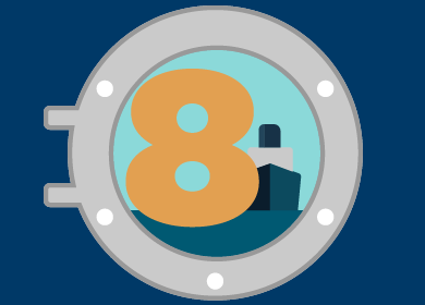 Number eight and ship viewed through a porthole on a blue background.