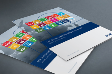 Brochures featuring UN Sustainable Development Goals with DESMI logo on the cover.