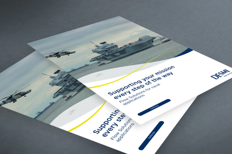DESMI brochures featuring naval ship, with focus on flow solutions for marine applications.
