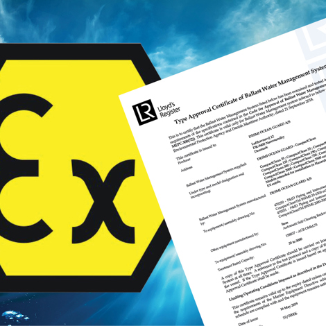 Lloyd's Register certificate for DESMI Ballast Water Management System with Ex symbol.